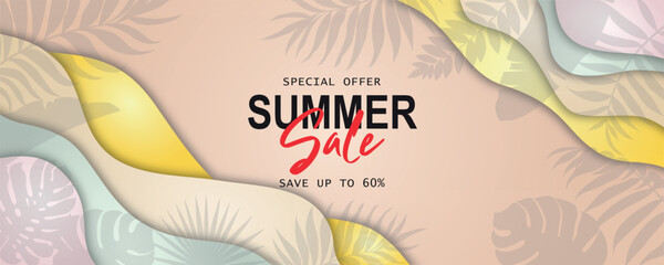 Summer sale banner design with tropical leaves - obrazy, fototapety, plakaty
