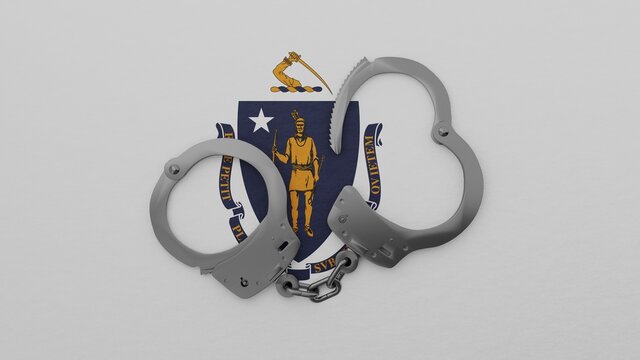 A half opened steel handcuff in center on top of the US state flag of Massachusetts