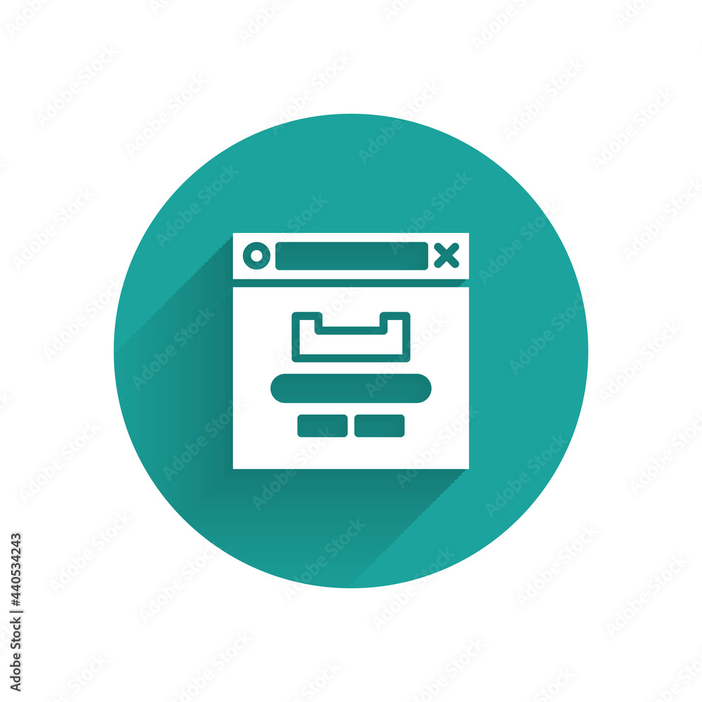 Poster white browser window icon isolated with long shadow. green circle button. vector illustration
