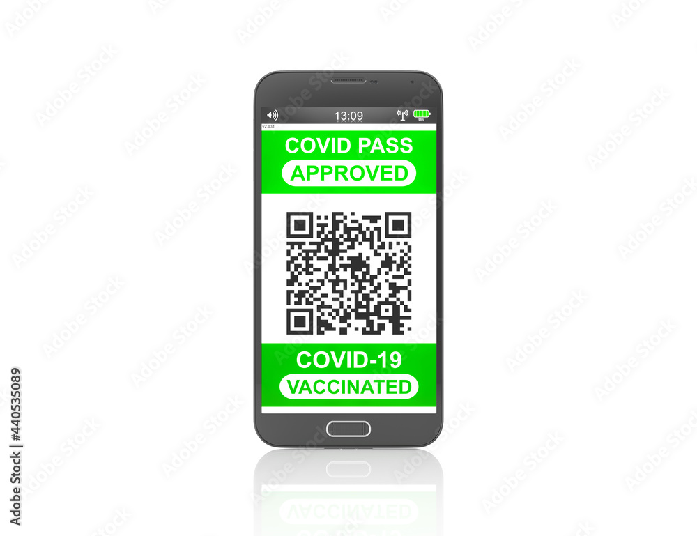 Aufkleber 3d rendering of a fictitious smartphone, with a qr pass code of the covid-19 vaccine