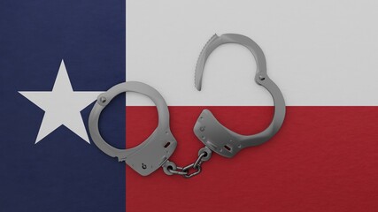 A half opened steel handcuff in center on top of the US state flag of Texas
