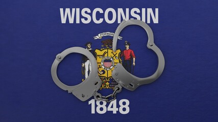 A half opened steel handcuff in center on top of the US state flag of Wisconsin