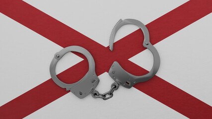A half opened steel handcuff in center on top of the US state flag of Alabama