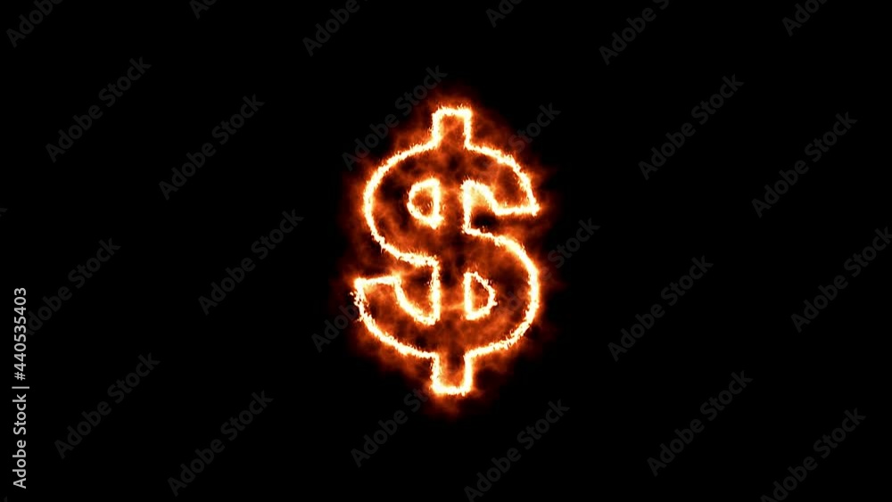 Poster video animation of the dollar currency sign in abstract fire on black background - seamless loop - c