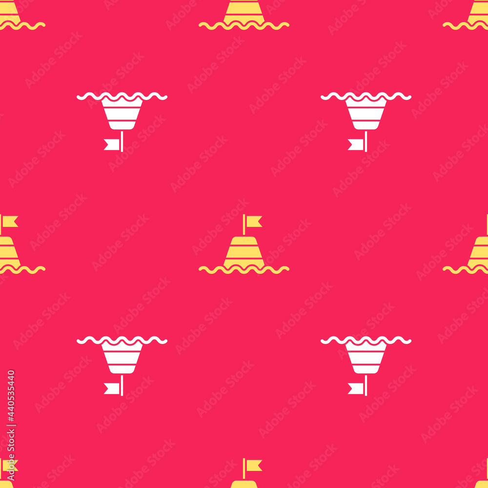 Poster yellow floating buoy on the sea icon isolated seamless pattern on red background. vector