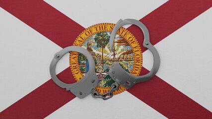 A half opened steel handcuff in center on top of the US state flag of Florida