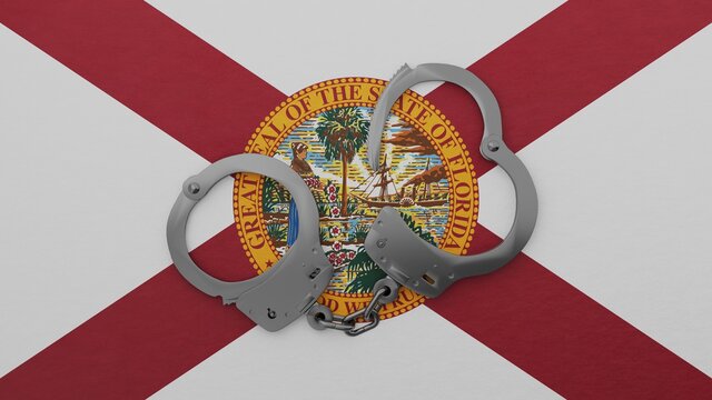 A half opened steel handcuff in center on top of the US state flag of Florida