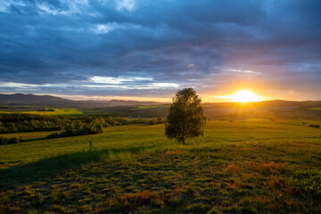 view on Kaczawskie mountains during sunset in Poland