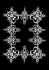 Frames of lace ethnic elements on the sheet of A4 format, surreal, black and white graphics. Designing notebook covers, mobile apps, websites, design elements