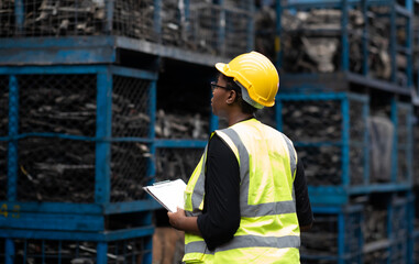 Plus size black female worker wearing safety hard hat helmet inspecting old car parts stock while...