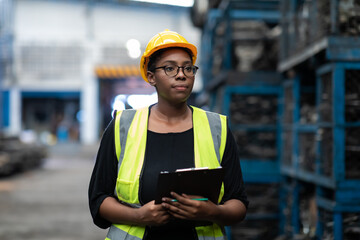 Plus size black female worker wearing safety hard hat helmet inspecting old car parts stock while working in automobile large warehouse - obrazy, fototapety, plakaty