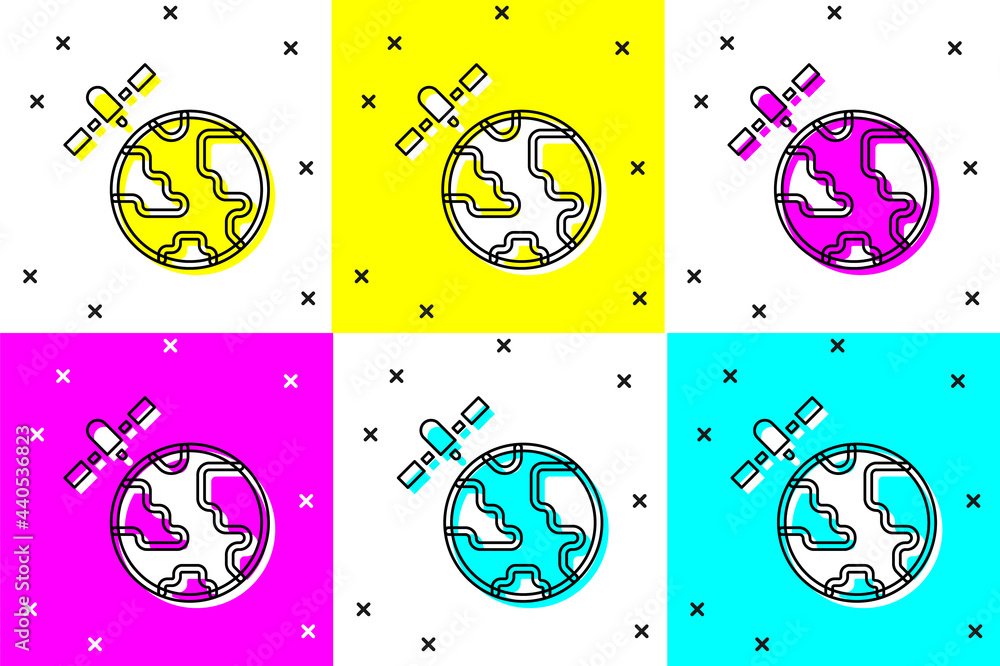 Poster set artificial satellites orbiting the planet earth in outer space icon isolated on color background