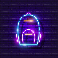 Backpack neon icon. Glowing backpack sign for school, hike, workout, university, city. The concept of sports, study, comfort.
