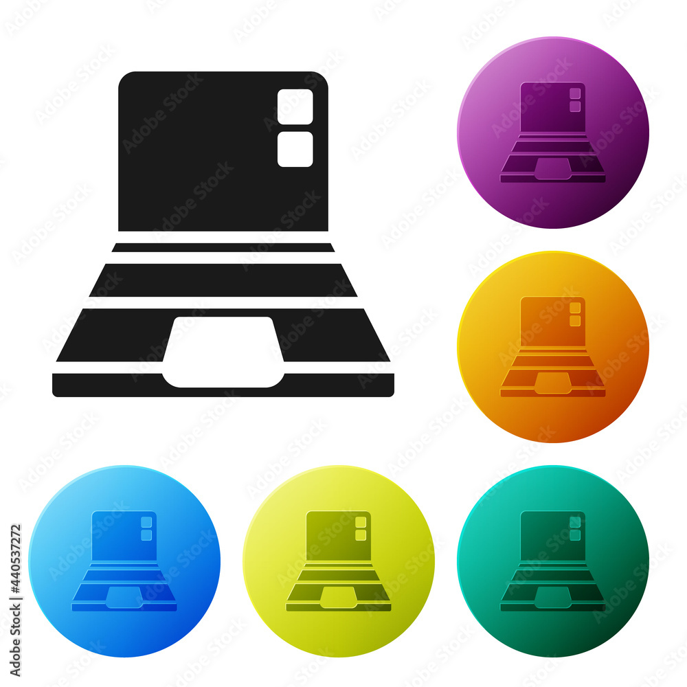 Poster black laptop icon isolated on white background. computer notebook with empty screen sign. set icons 