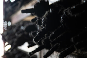 Background for banner design. Blur photo of Second-hand spare parts of old car parts warehouse store.