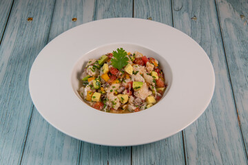 Cod Ceviche recipe, bread in oil and garlic. High quality photo
