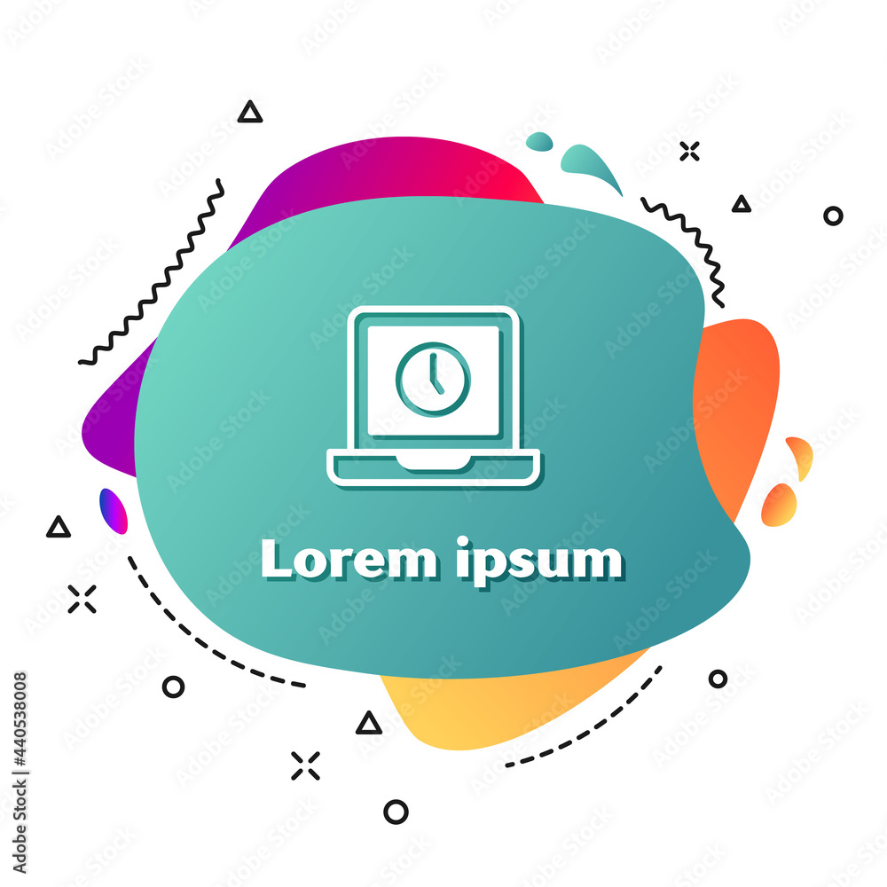 Poster White Laptop time icon isolated on white background. Computer notebook with empty screen sign. Abstract banner with liquid shapes. Vector