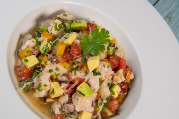 Cod Ceviche recipe, bread in oil and garlic. High quality photo