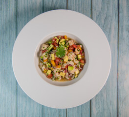 Cod Ceviche recipe, bread in oil and garlic. High quality photo