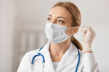 Portrait of female doctor with protective mask in clinic