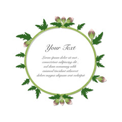 circle frame, green leaves and Pink flower on white background.Blank for advertising card or invitation. vector ,illustration.