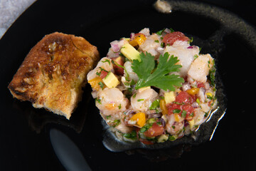 Cod Ceviche recipe, bread in oil and garlic. High quality photo