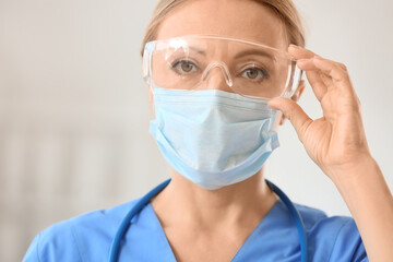 Portrait of female doctor with protective uniform in clinic