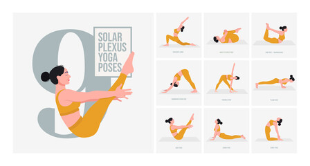 Solar Plexus Chakra Yoga poses. Young woman practicing Yoga pose. Woman workout fitness, aerobic and exercises. Vector Illustration.