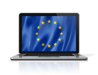 European union flag on laptop screen isolated on white. 3D illustration