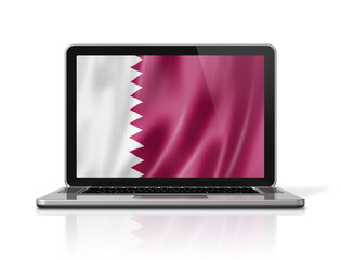 Qatar flag on laptop screen isolated on white. 3D illustration