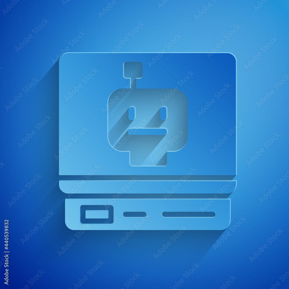 Poster paper cut robot icon isolated on blue background. artificial intelligence, machine learning, cloud c