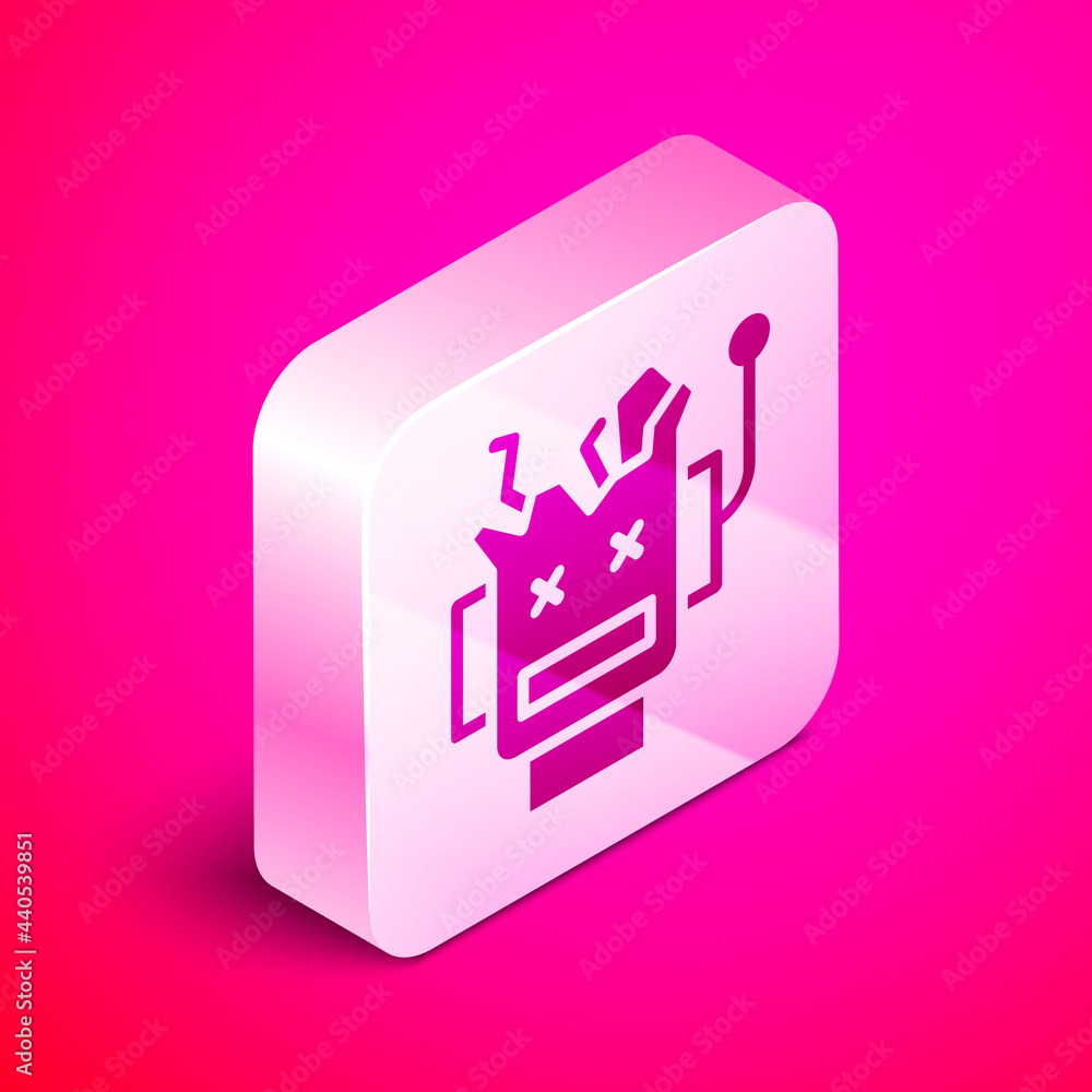 Poster isometric broken robot icon isolated on pink background. artificial intelligence, machine learning, 