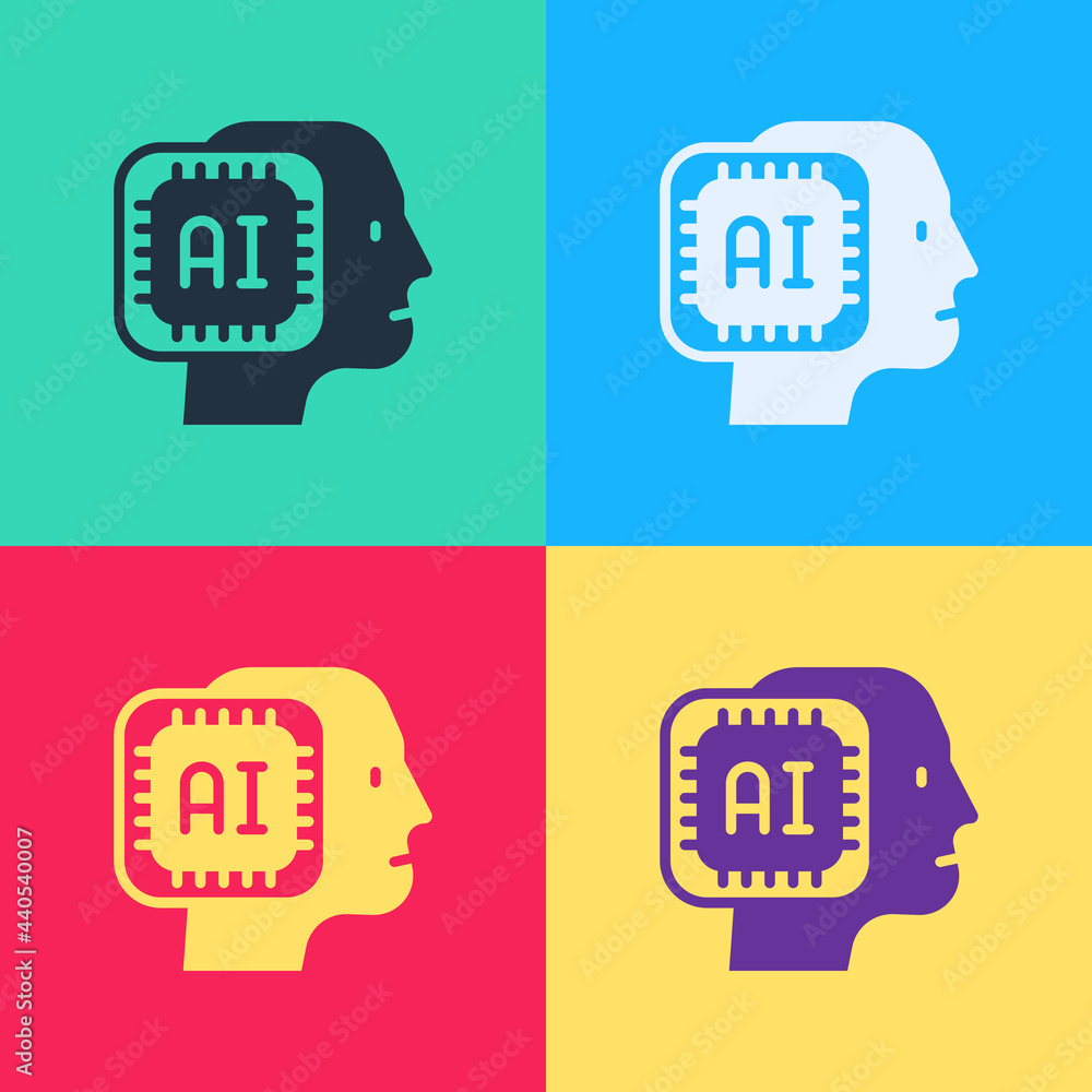 Poster pop art humanoid robot icon isolated on color background. artificial intelligence, machine learning,