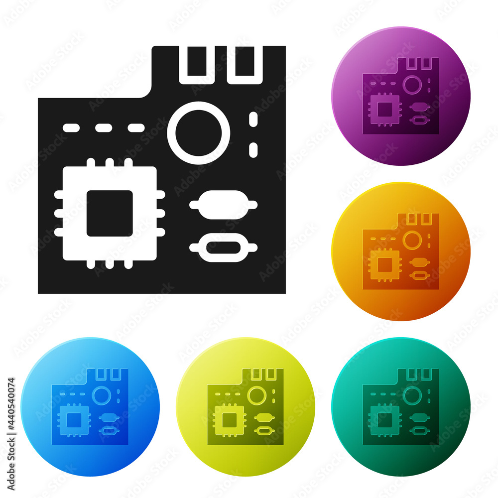 Poster black electronic computer components motherboard digital chip integrated science icon isolated on wh