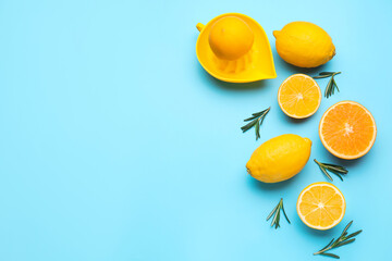 Healthy citrus fruits on color background