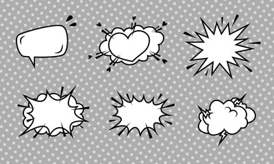 Vector set of different shapes speech bubbles in comic book style. Isolated elements on gray polka dot background.