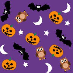 Halloween gift wrap paper with purple background including bat owls and pumpkin