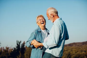 Fotobehang woman man outdoor senior couple happy lifestyle retirement together smiling love old nature mature © Lumos sp