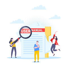 User manual guide book flat style design vector illustration. Tiny people, magnifying glass working together with guide book. Specifications user guidance document.