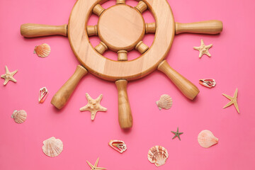Helm and sea shells on color background