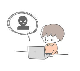 ネットなどのトラブルとパソコンと男の子の手描き風シンプルイラスト