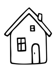 Cute doodle home. A Family House icon. Hand drawn vector illustration for logo, greeting card, poster, stickers and professional design. Black outlines isolated on a white background.