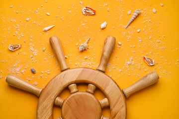 Helm and sea shells on color background