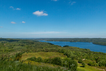 Fototapeta na wymiar Lake view from Himmelbjerget, Beautiful blue lake, Green forest, Panoramic view,