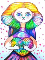 Girl with multicolored heart in the hands Symbol LGBT.