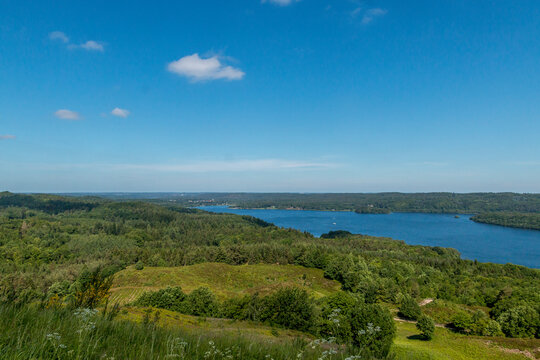 Lake view from Himmelbjerget, Beautiful blue lake, Green forest, Panoramic view,