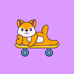 Cute fox lying on a skateboard. Animal cartoon concept isolated. Can used for t-shirt, greeting card, invitation card or mascot. Flat Cartoon Style