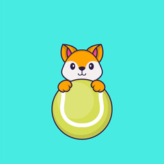 Cute fox playing tennis. Animal cartoon concept isolated. Can used for t-shirt, greeting card, invitation card or mascot. Flat Cartoon Style