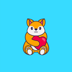 Cute fox holding a big red heart. Animal cartoon concept isolated. Can used for t-shirt, greeting card, invitation card or mascot. Flat Cartoon Style