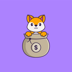 Cute fox playing in money bag. Animal cartoon concept isolated. Can used for t-shirt, greeting card, invitation card or mascot. Flat Cartoon Style